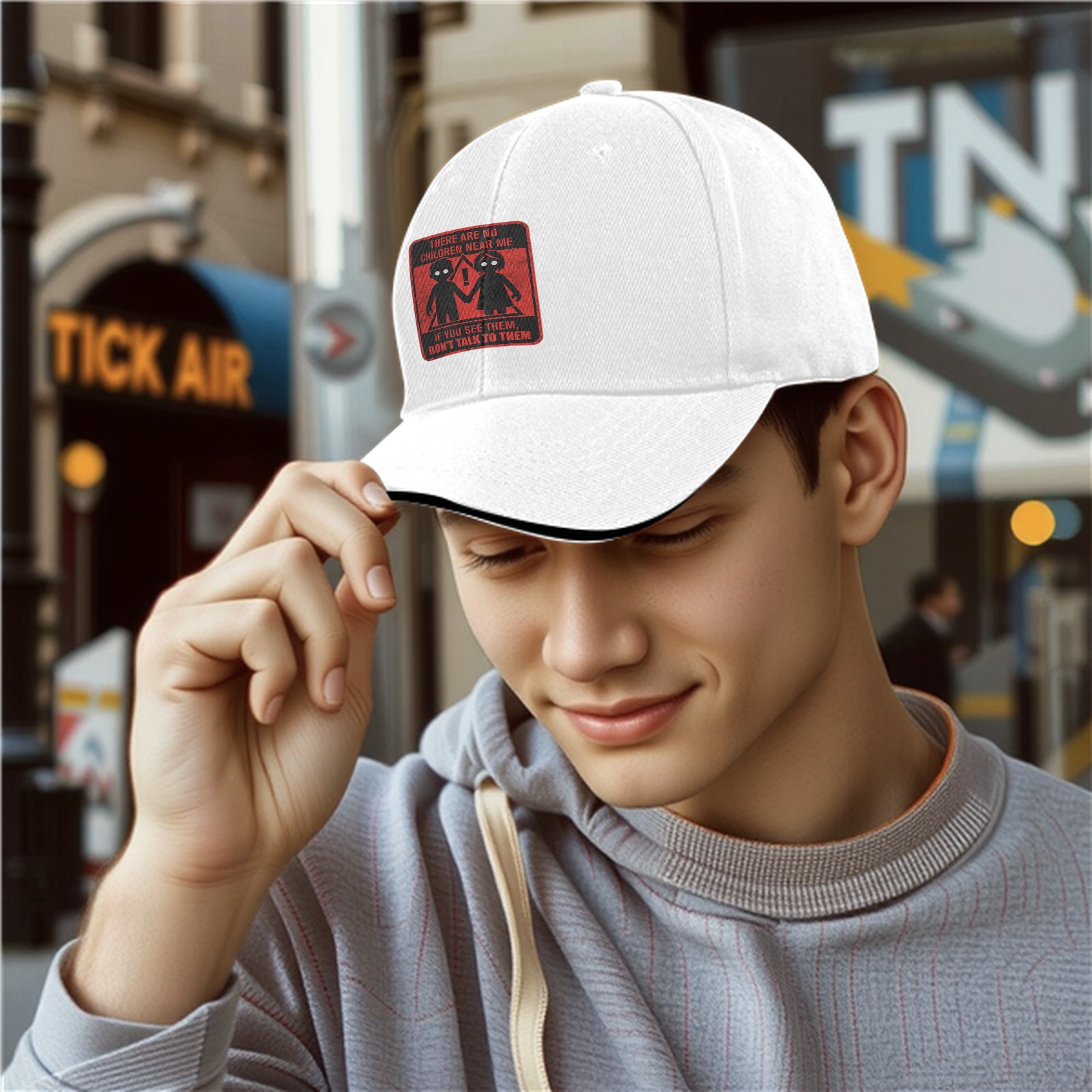 Black baseball cap with warning children graphic and text