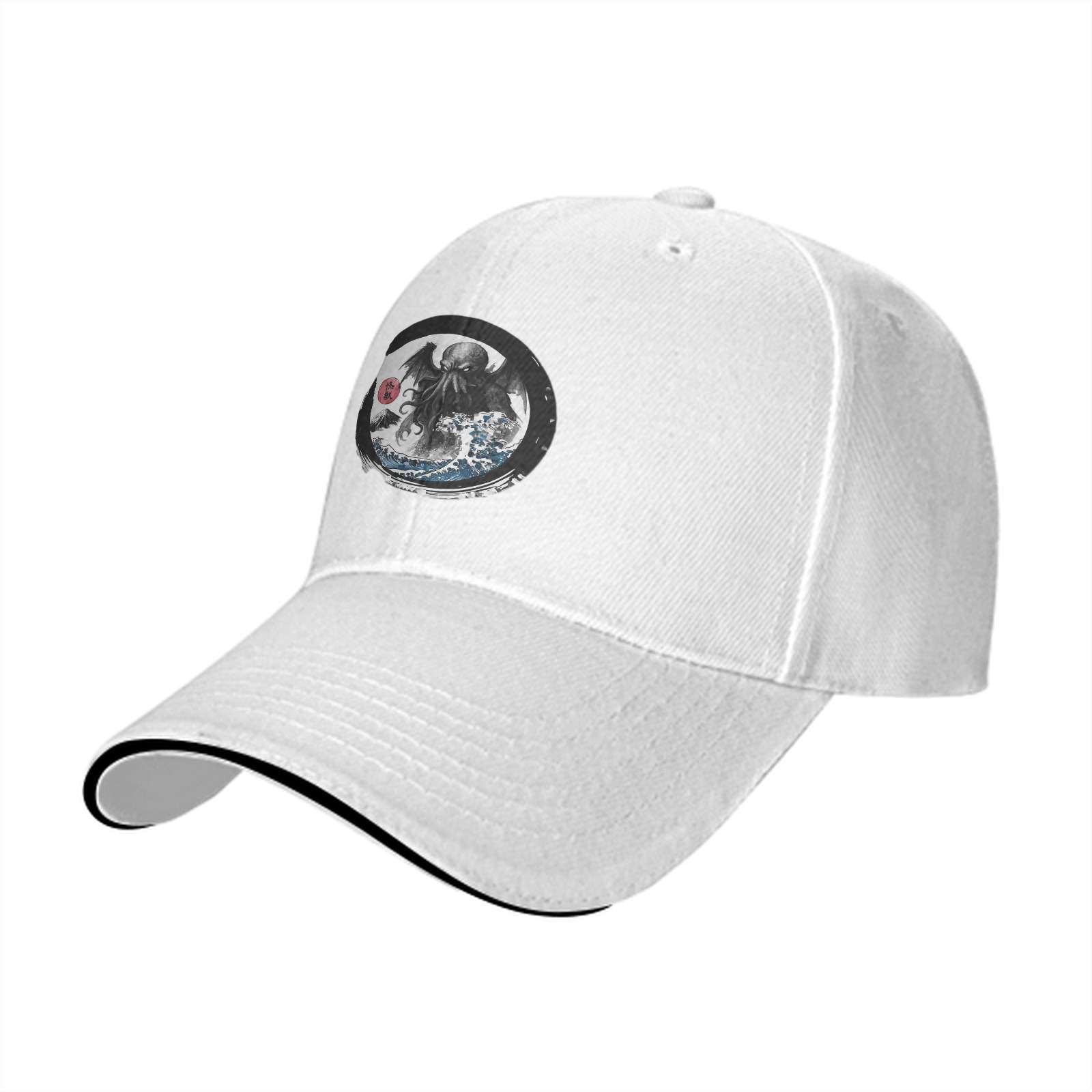Black Baseball Cap with Cthulhu Great Wave Art Print
