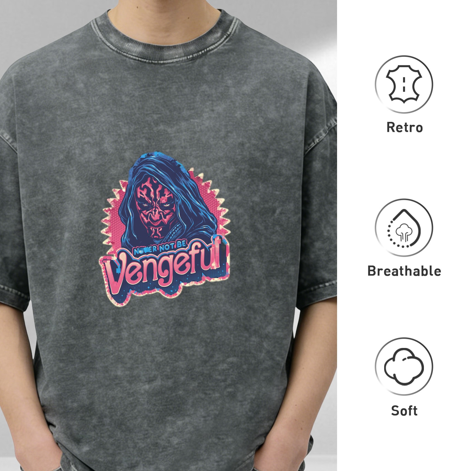 Oversized Acid Wash T-Shirt With Vengeful Dark Hooded Character Print