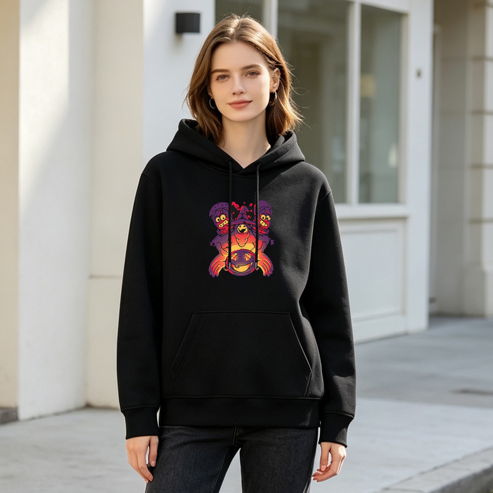 Black Hoodie With Halloween Ghost Witch Graphic Design
