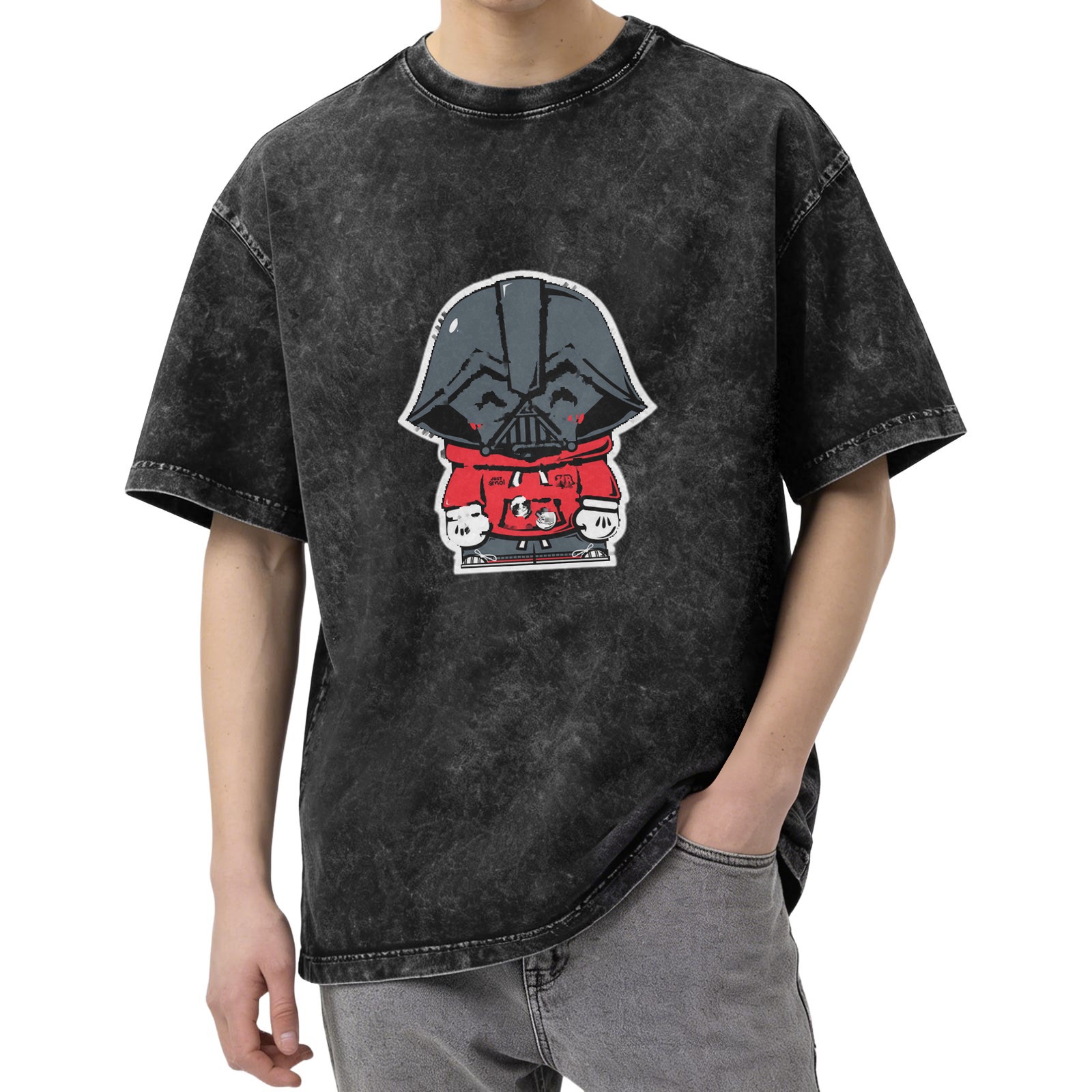 Oversized Dark Wash T-Shirt with Cute Darth Vader Hoodie Print