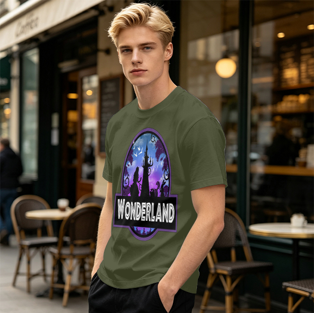 Olive green t-shirt with Wonderland fantasy castle graphic print