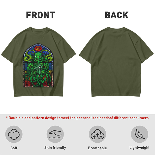 Olive T-Shirt with Cthulhu Stained Glass Style Graphic