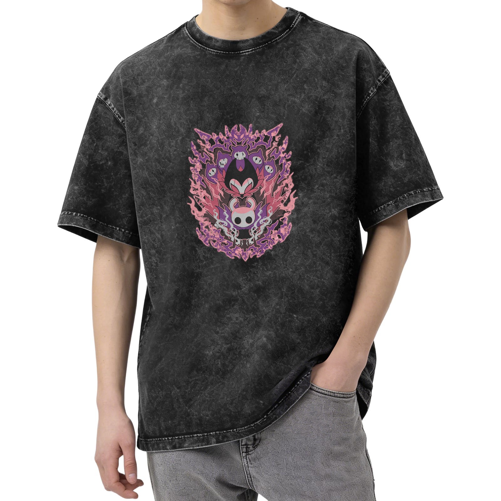 Oversized Washed Black T-shirt with Hollow Knight Themed Purple Pink Graphic Print