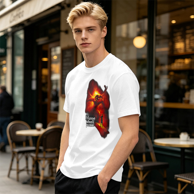 Olive T-Shirt with 'None Shall Pass' Fire Demon Graphic