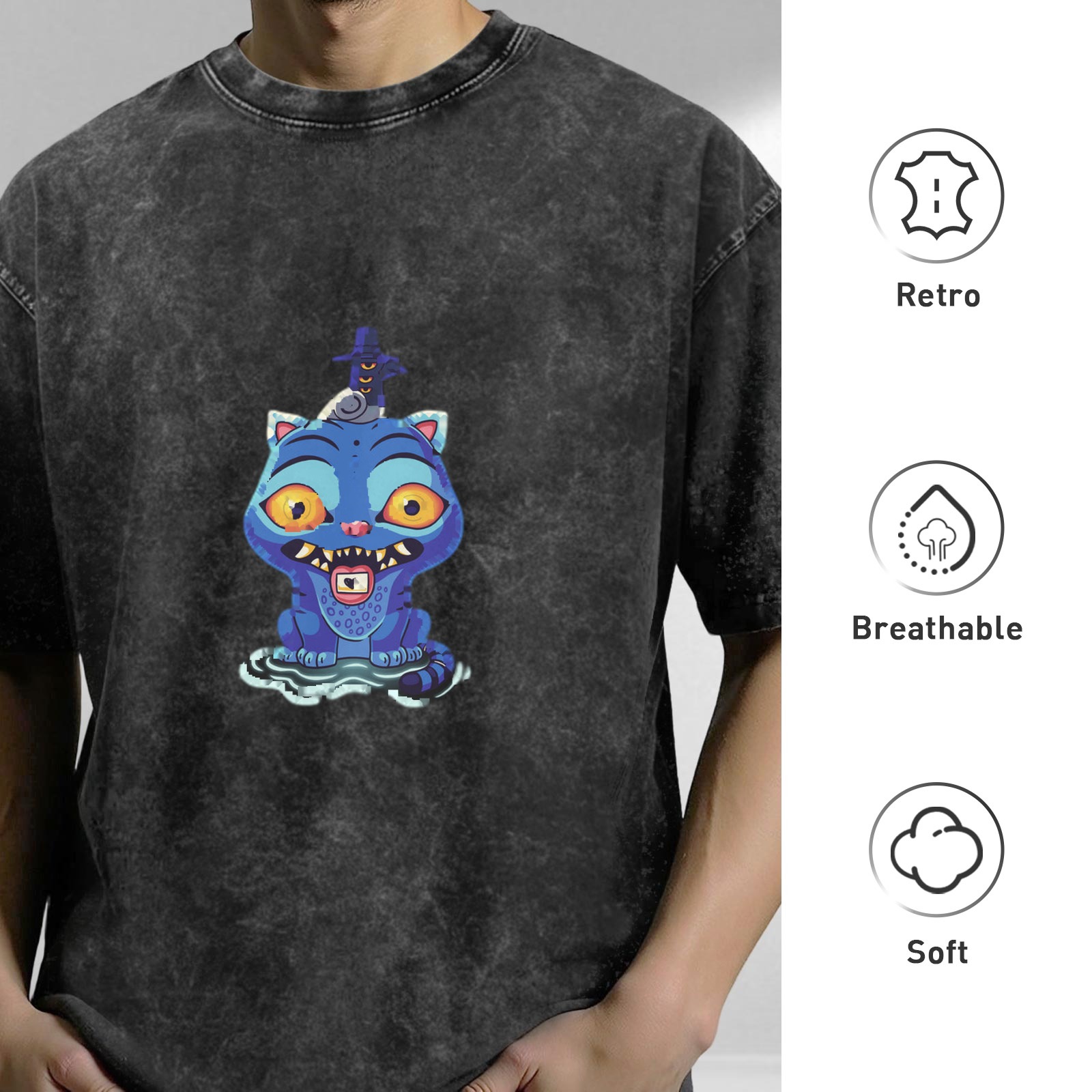 Oversized Acid Wash T-Shirt With Blue Monster Cat Graphic