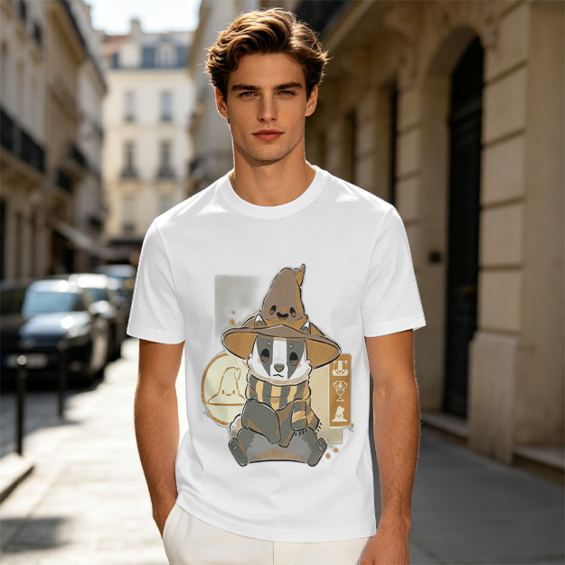 Olive T-Shirt With Cute Wizard Badger Graphic Print