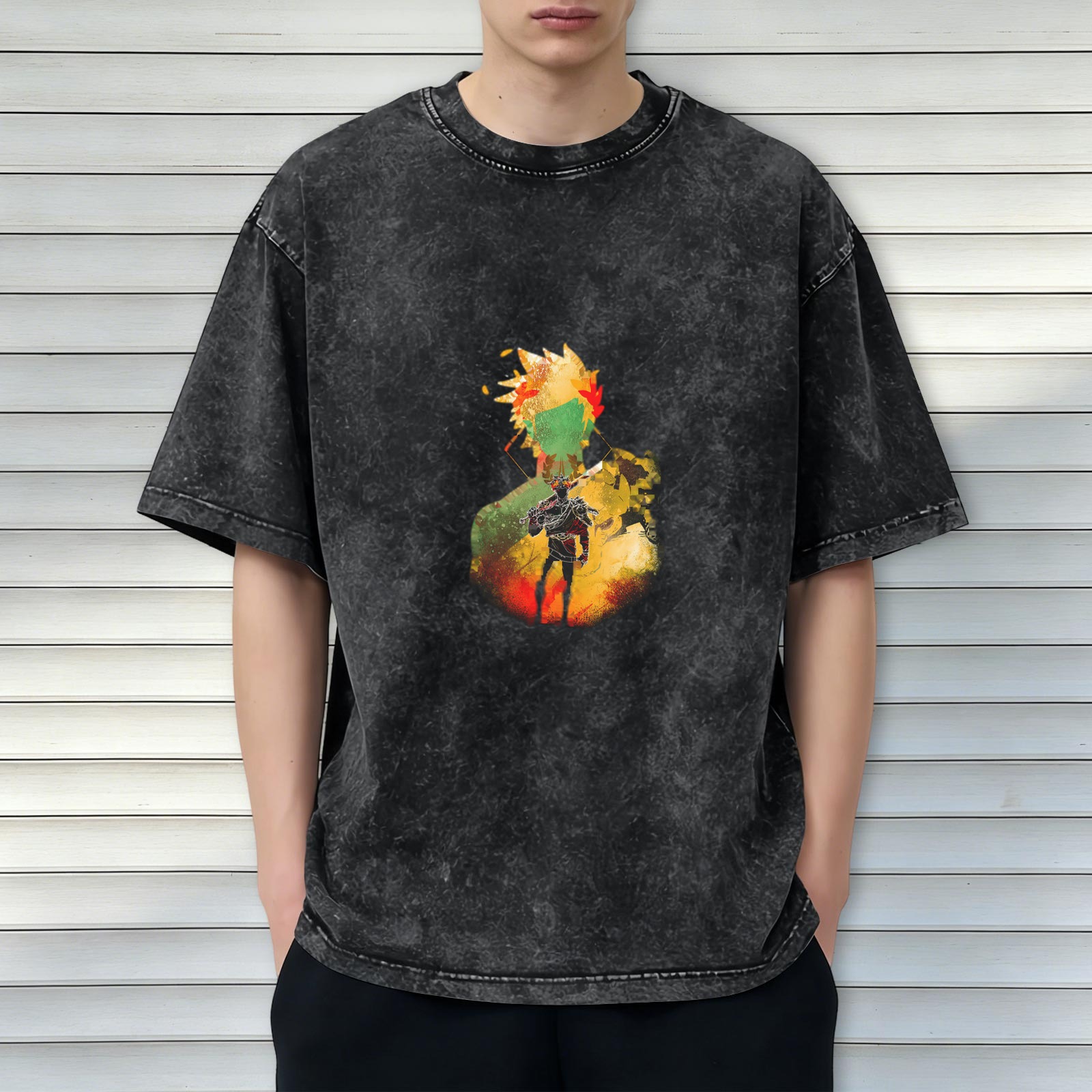 Oversized Acid Wash T-Shirt with Anime Warrior Graphic Print
