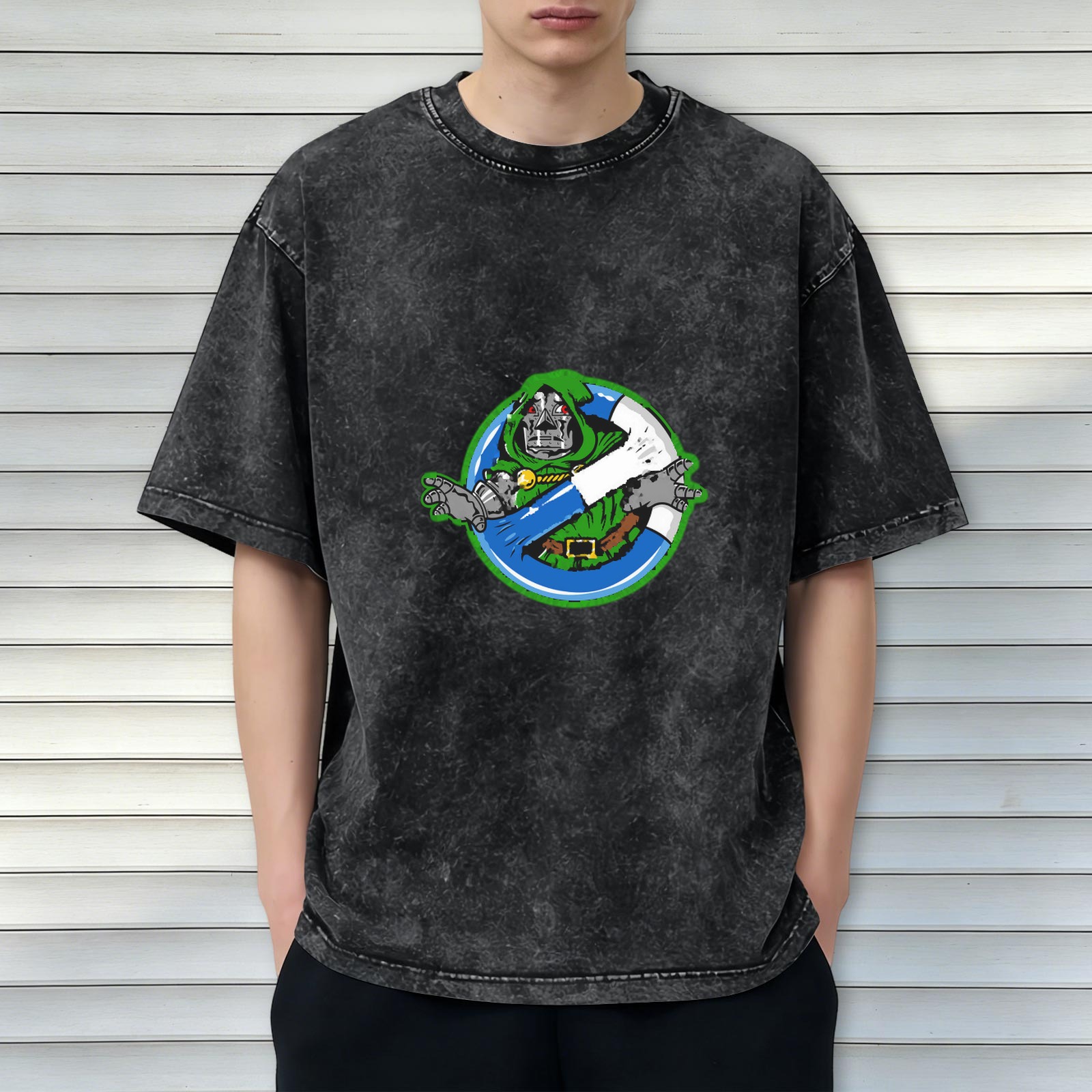 Oversized dark washed graphic tee with Doctor Doom ghostbusters style print