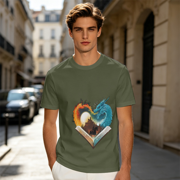 Olive T-Shirt With Heart Shaped Dragon Book Fantasy Art Print