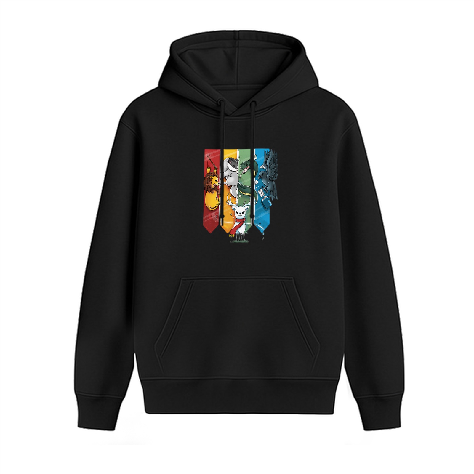 Black hoodie with Harry Potter house mascots graphic