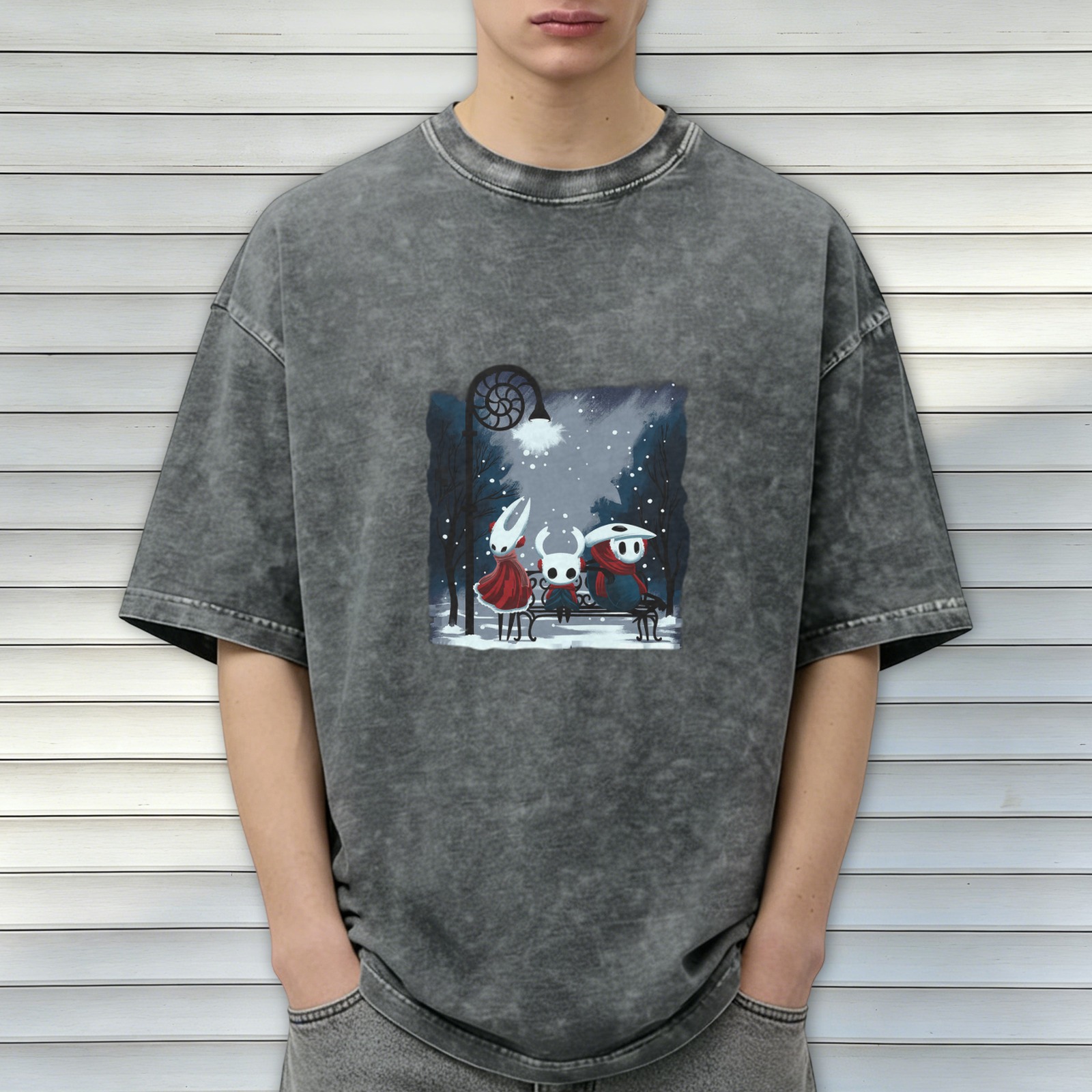 Oversized Dark Wash T-Shirt With Hollow Knight Winter Scene Print