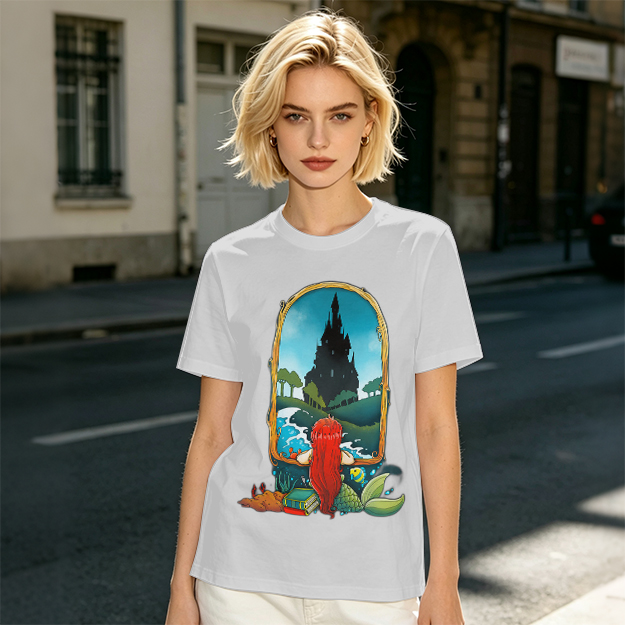 Olive T-Shirt With Mermaid Looking At Castle Art Print