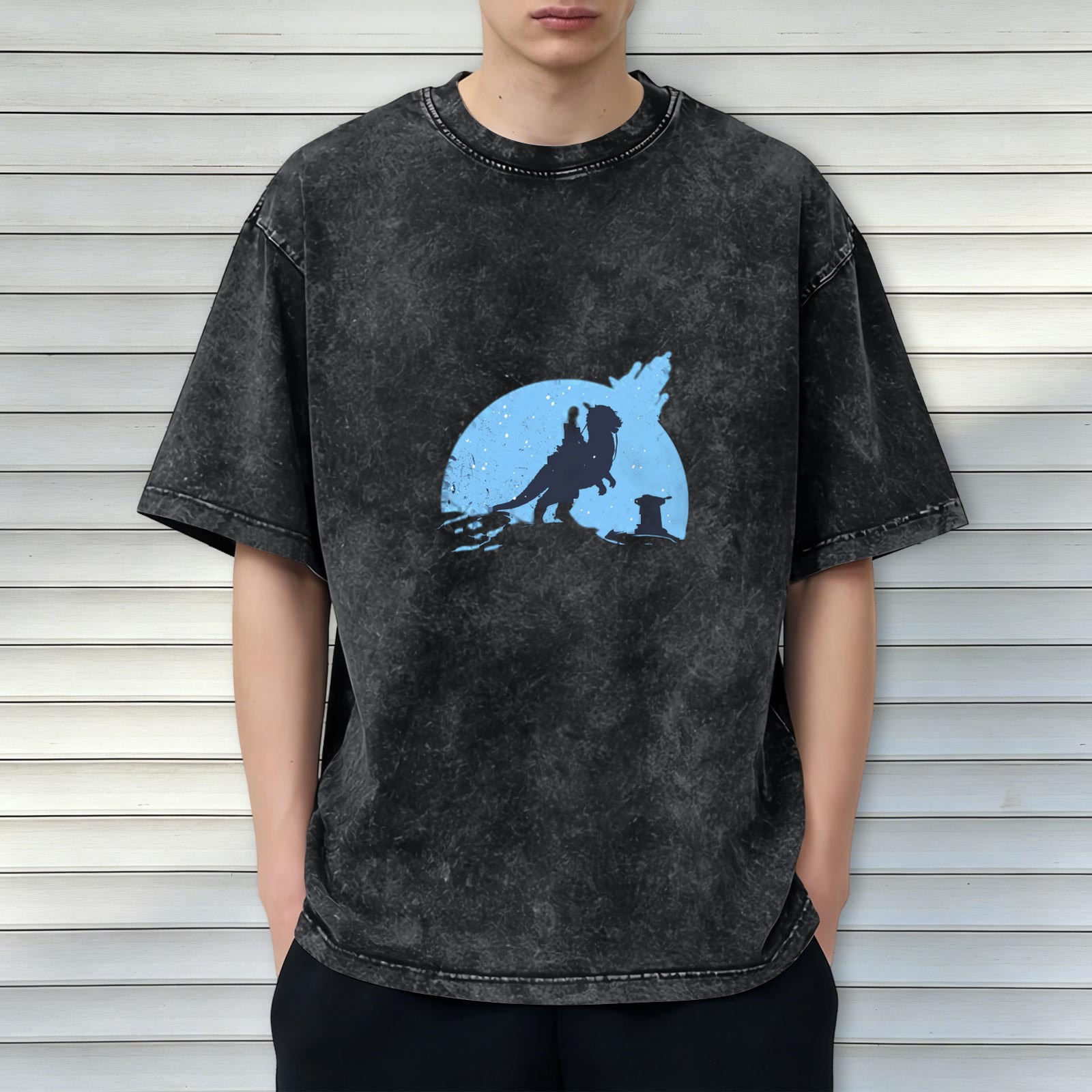 Washed Black T-Shirt With Sci-Fi Creature Rider Silhouette Graphic