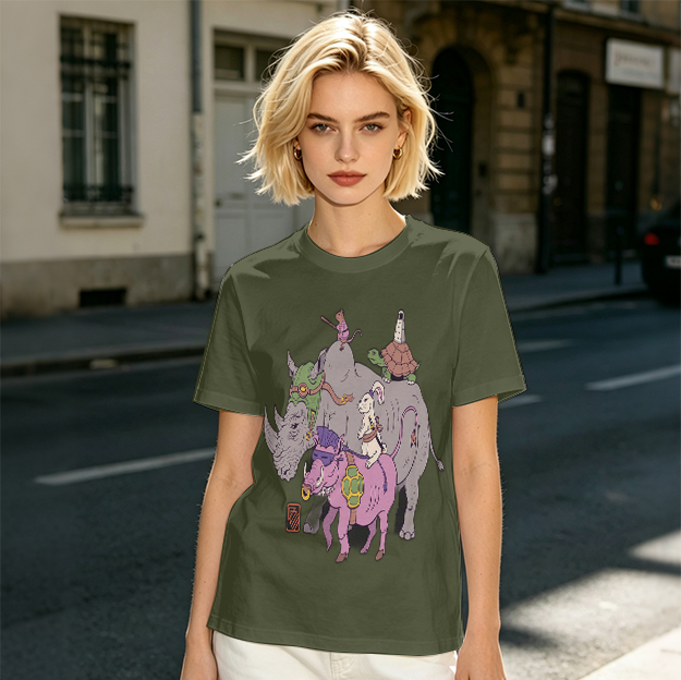 Olive T-Shirt With Whimsical Fantasy Animal Group Print