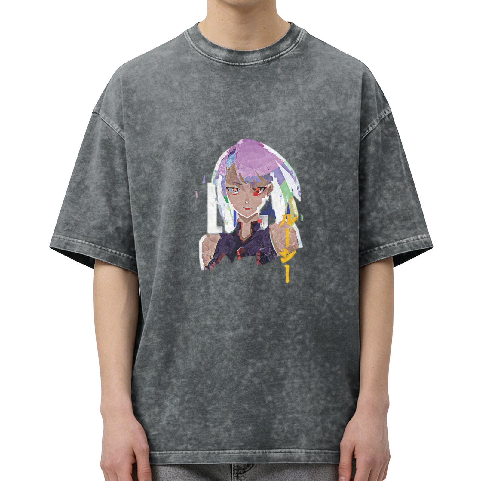 Cyberpunk Anime Character Graphic Oversized Washed Black T-Shirt