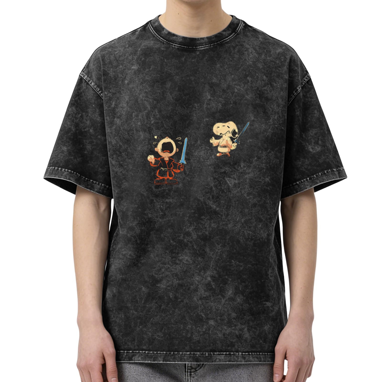 Washed black graphic t-shirt with Charlie Brown and Snoopy Jedi designs
