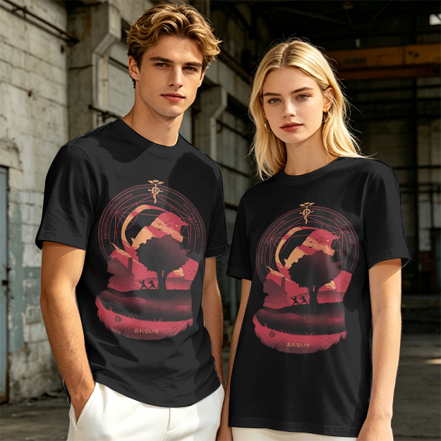 Olive t-shirt with Fullmetal Alchemist inspired sunset landscape print