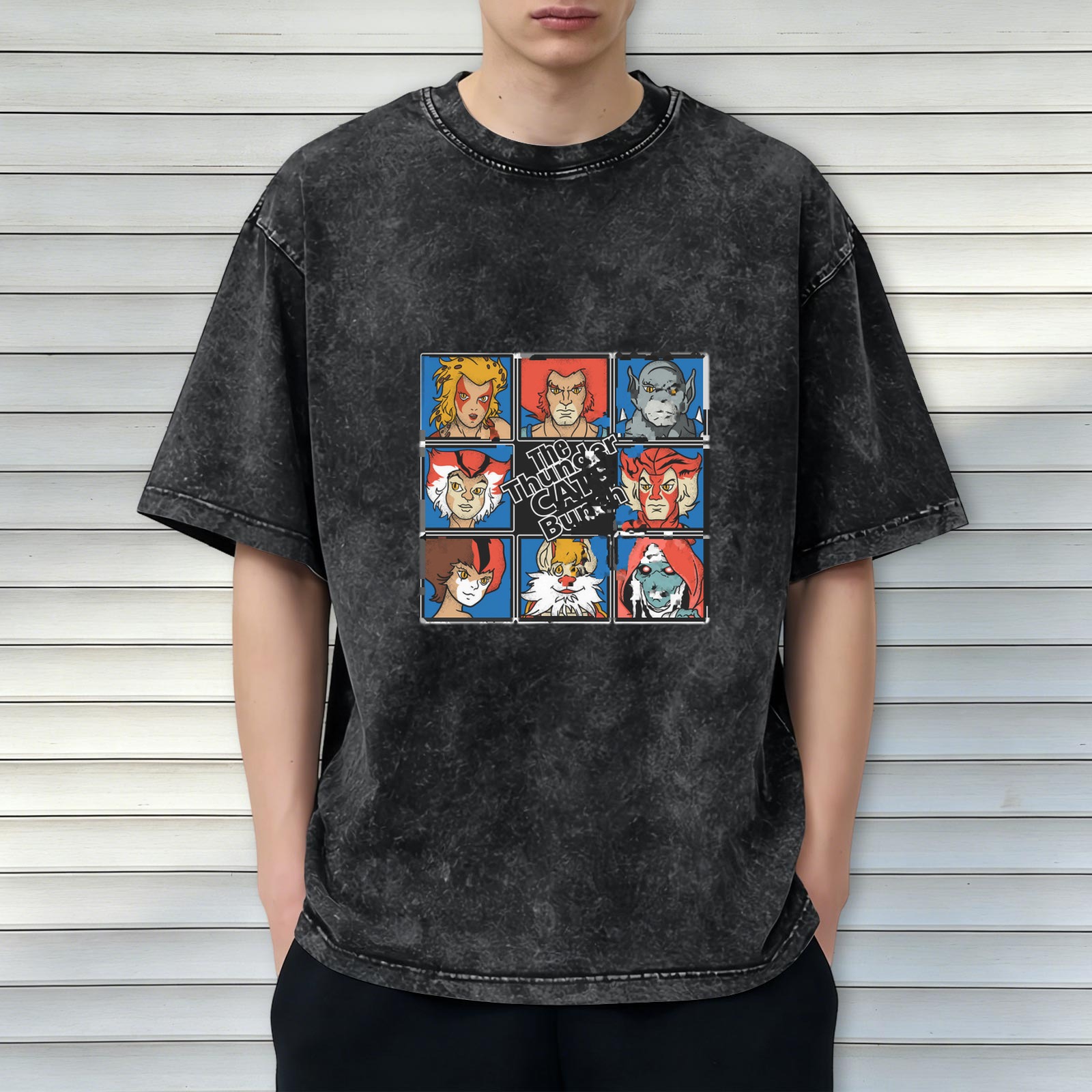 Vintage Acid Wash T-Shirt with Thundercats Bunch Character Grid Graphic
