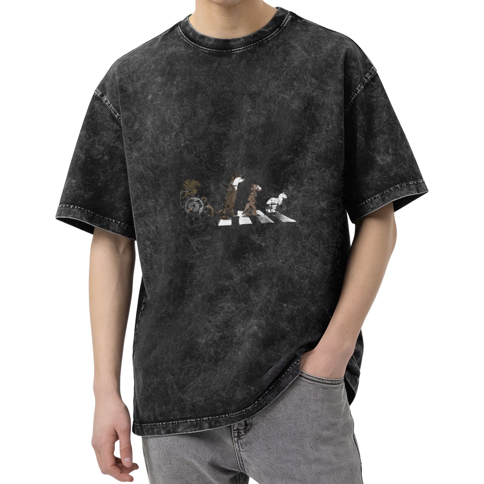 Oversized Acid Wash T-Shirt With Animal Abbey Road Style Graphic