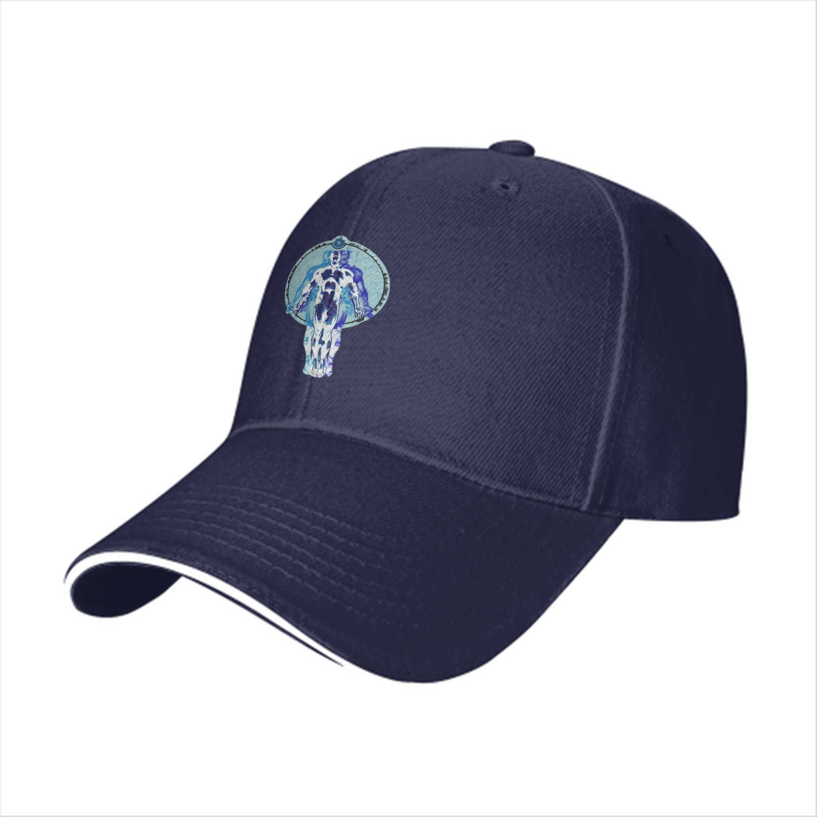 Black baseball cap with blue humanoid figure graphic