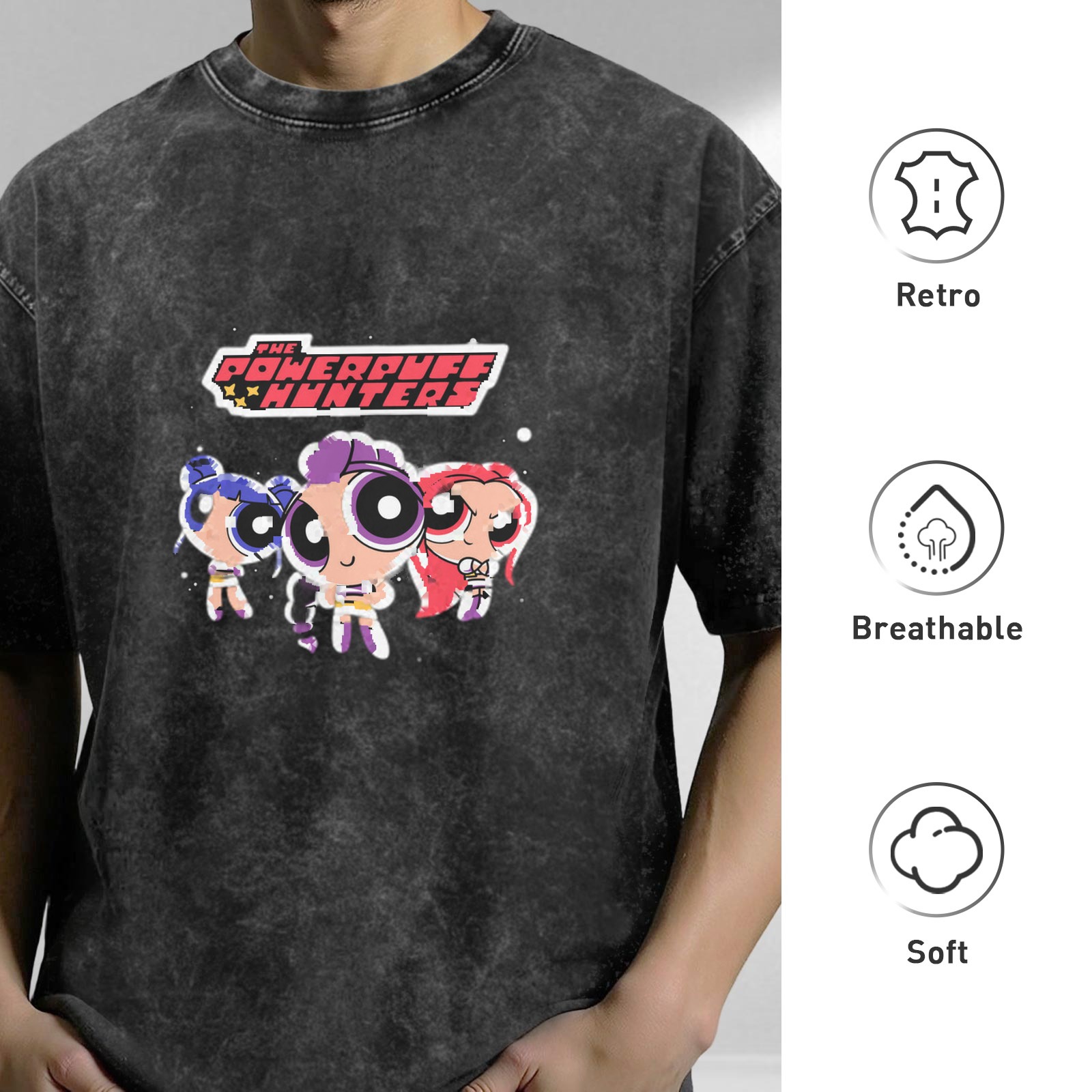 Powerpuff Hunters Graphic Washed Black Oversized T-Shirt