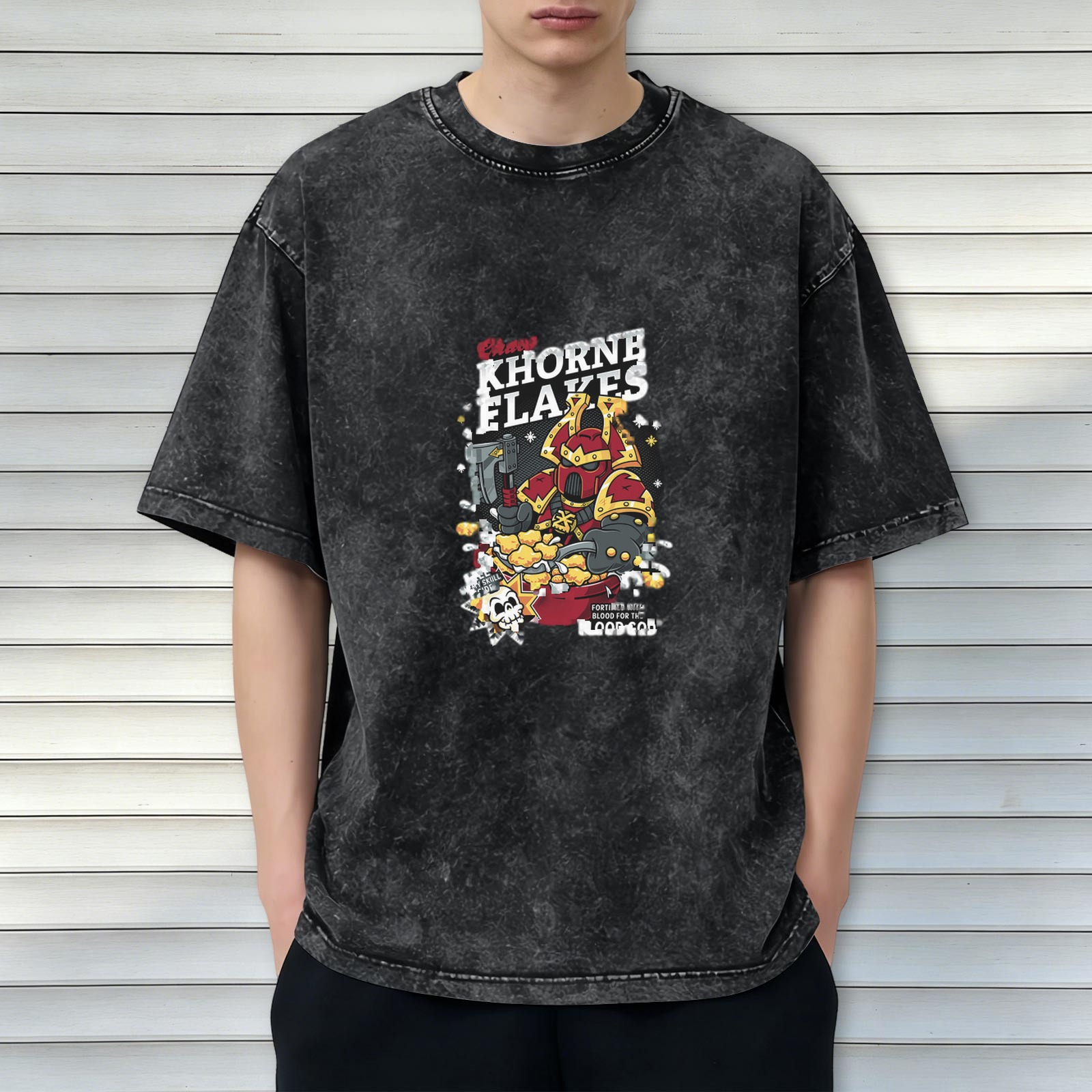 Warhammer 40k Khorne Flakes Parody Graphic Acid Wash T-Shirt
