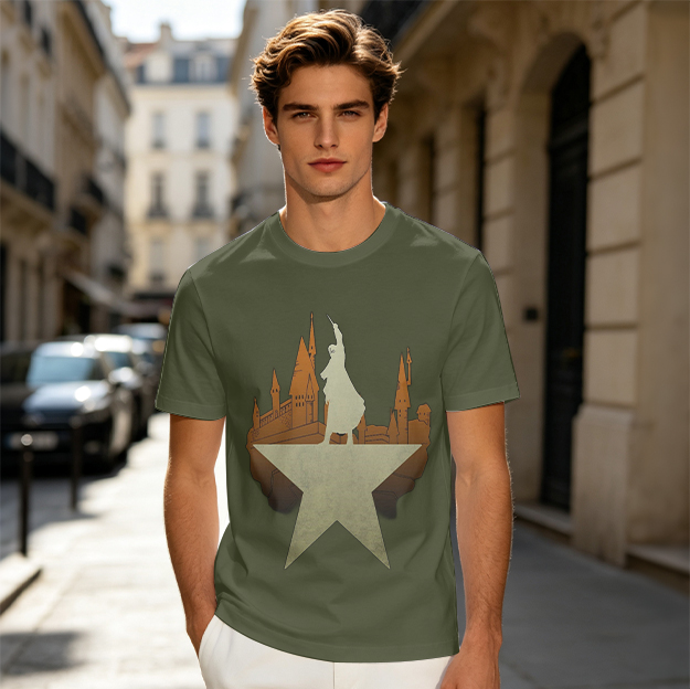 Olive T-shirt with historical figure silhouette and star graphic