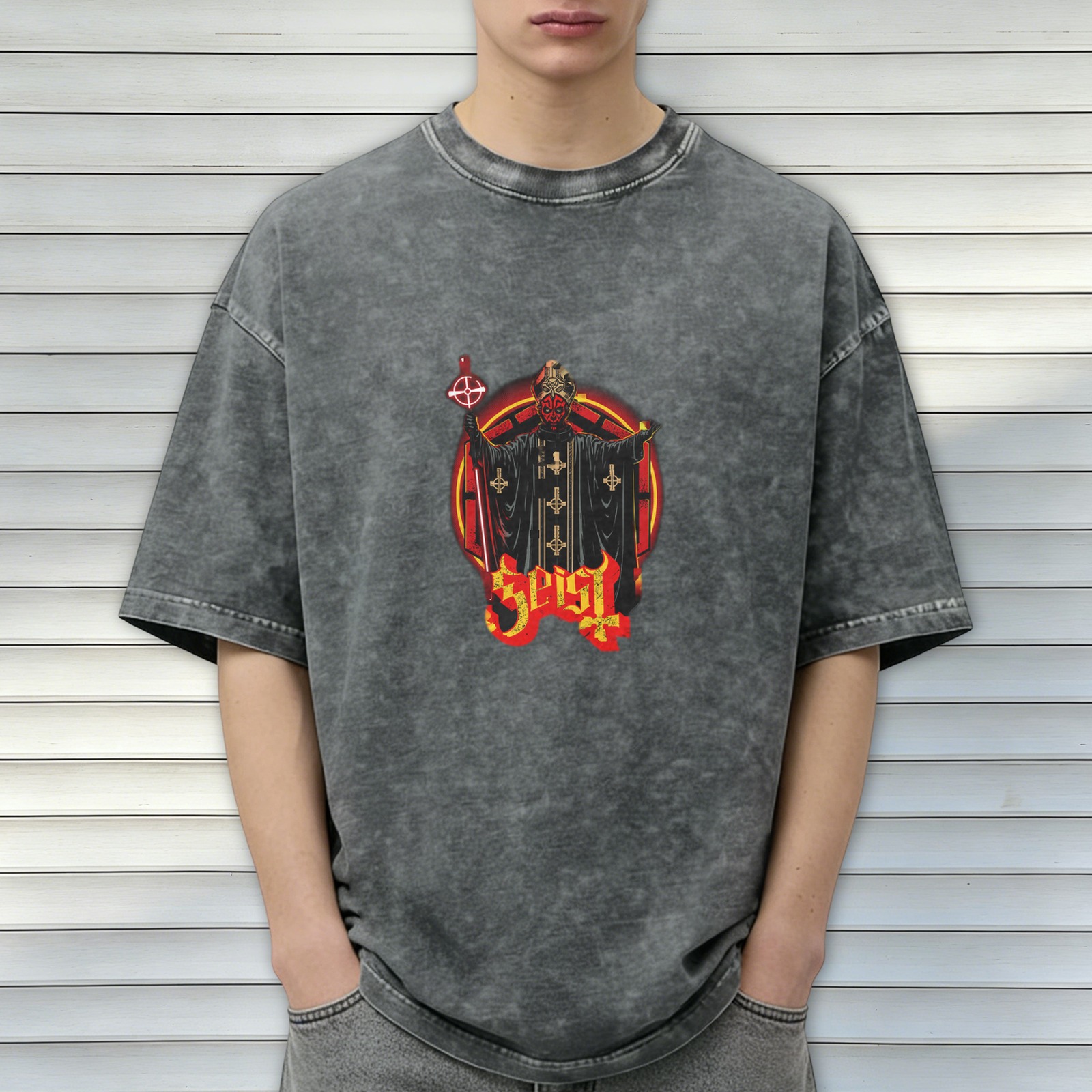 Oversized Dark Wash Graphic T-Shirt with Occult Priest Print