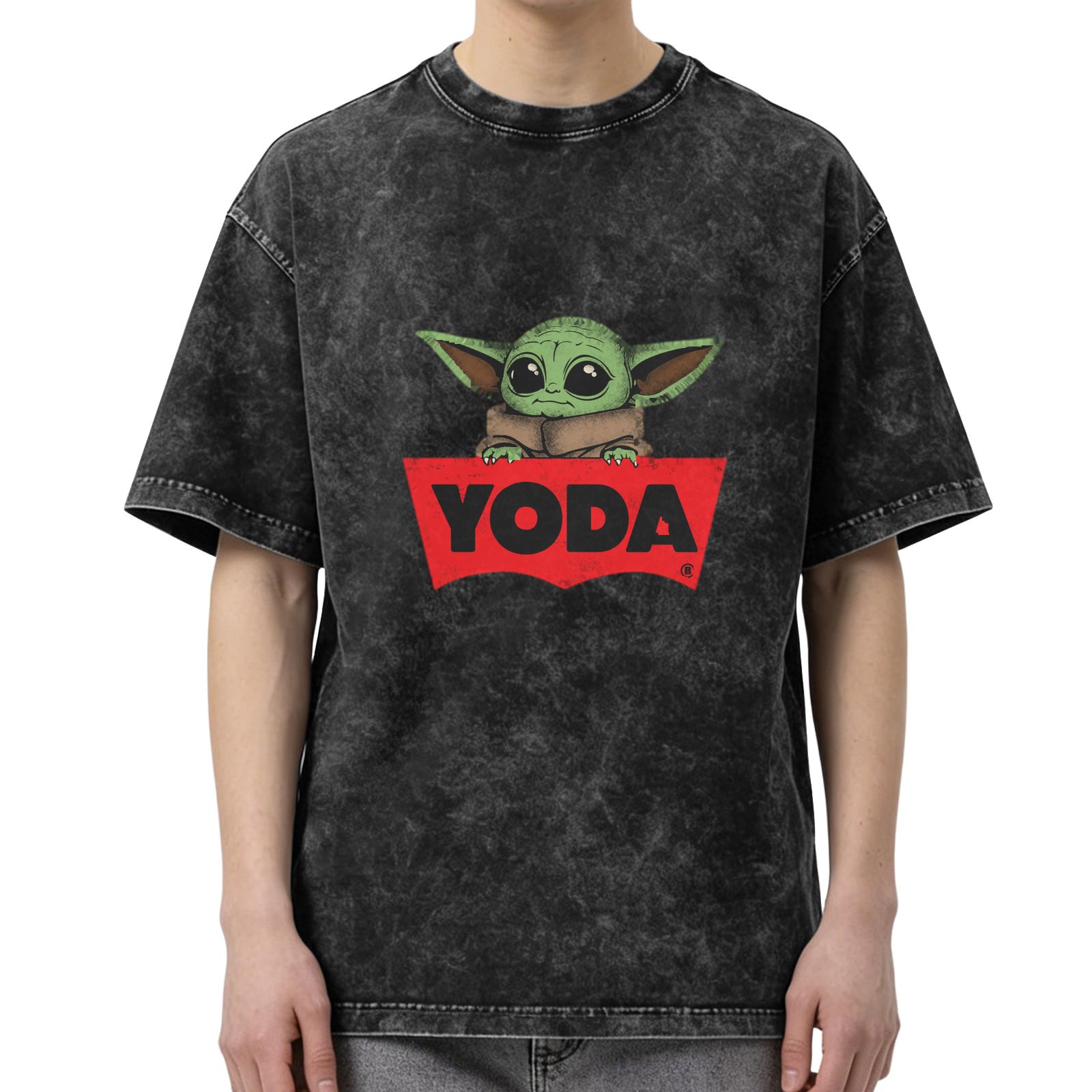 Baby Yoda Graphic Black Acid Wash Cotton T-Shirt