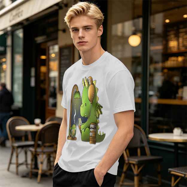 Olive T-Shirt with Cute Dragon Reading and Wearing Headphones