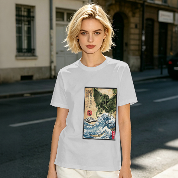 Olive T-shirt with Japanese ukiyo-e style Cthulhu wave print