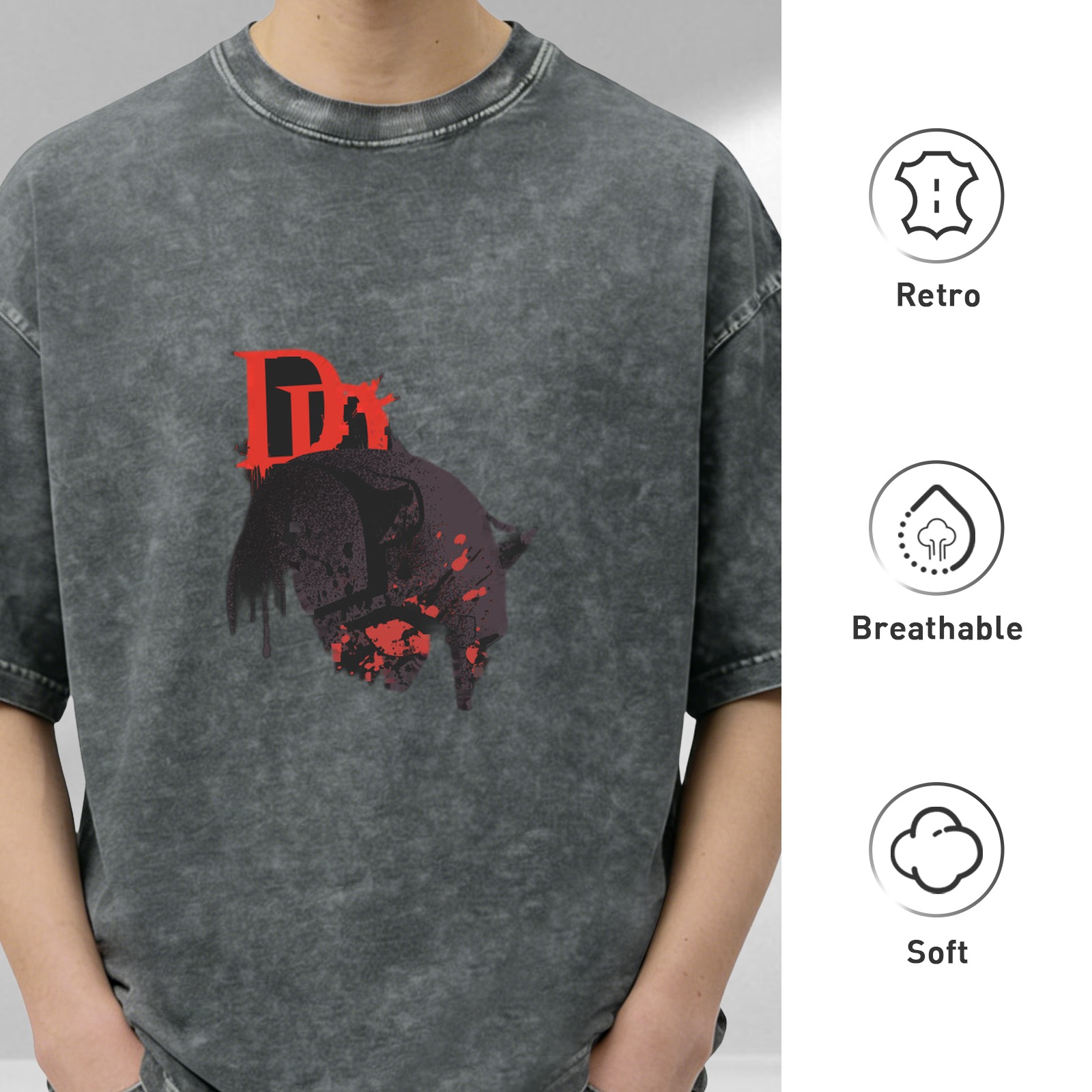 Oversized Dark Wash Graphic T-Shirt With Red D Logo And Skull Art