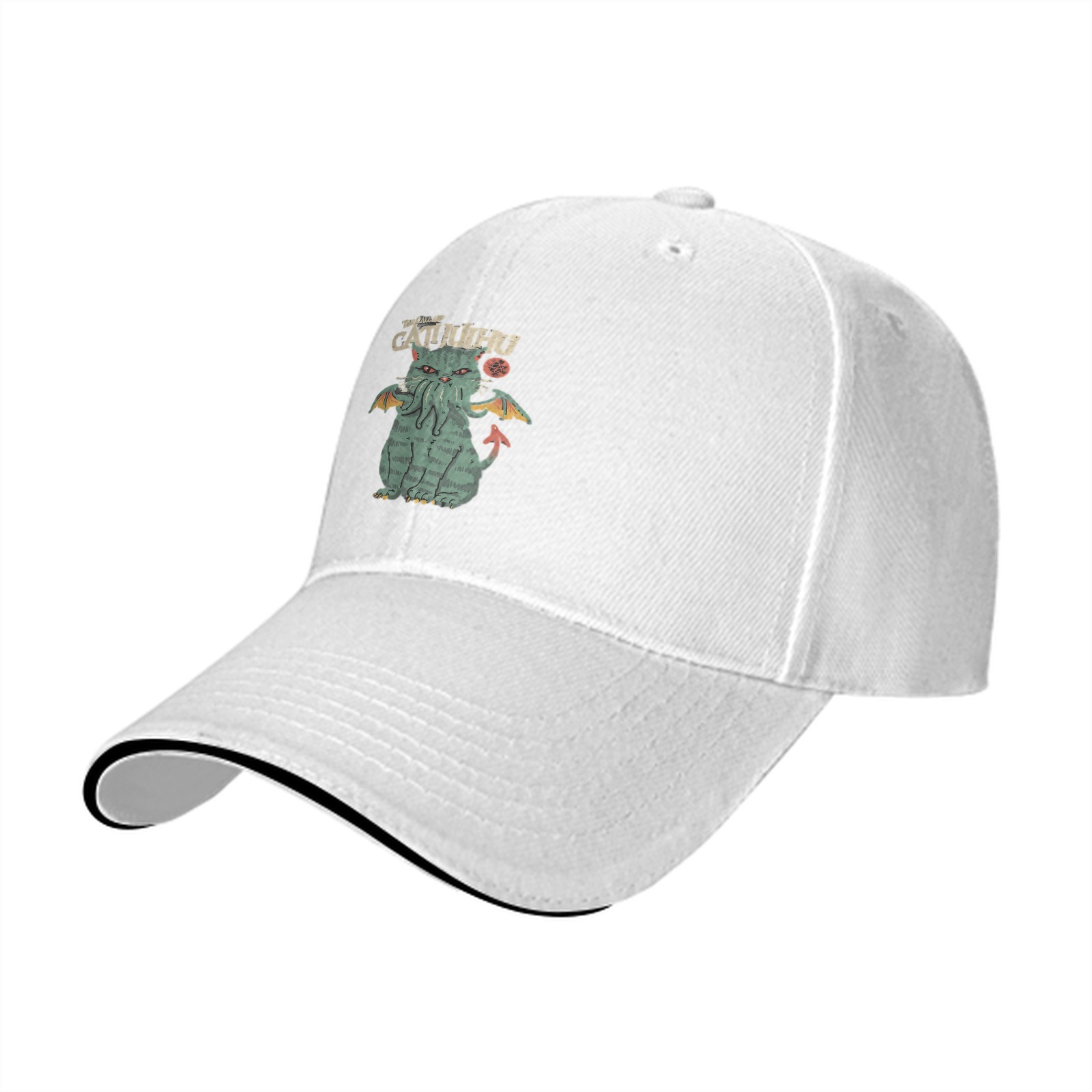 Black Baseball Cap With Cthulhu Cat Graphic Print