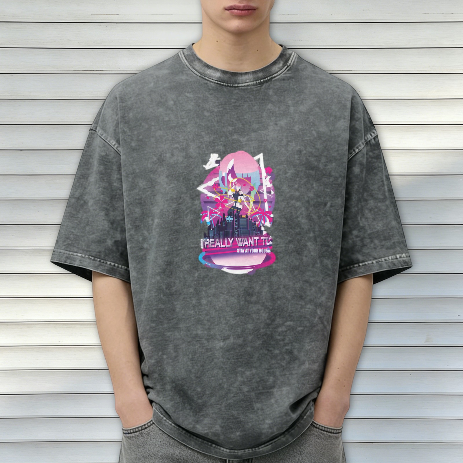 Washed black graphic t-shirt with anime cityscape and text print