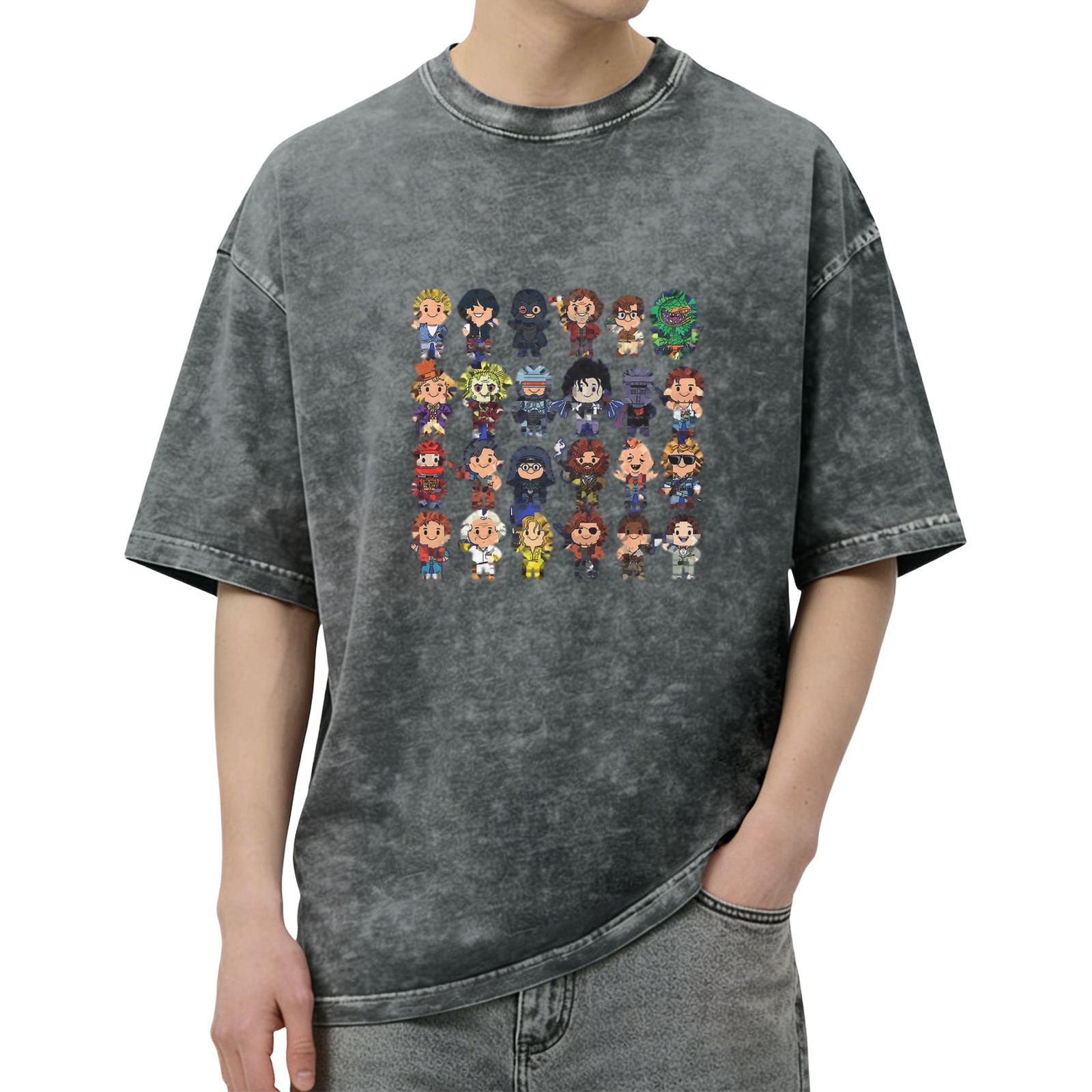 Retro washed black cartoon character printed loose short-sleeved T-shirt