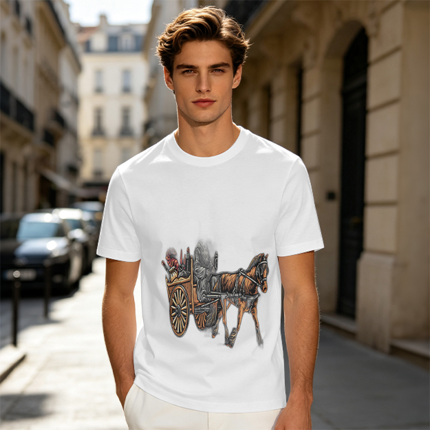 Olive T-Shirt With Horse Drawn Cart Graphic Print