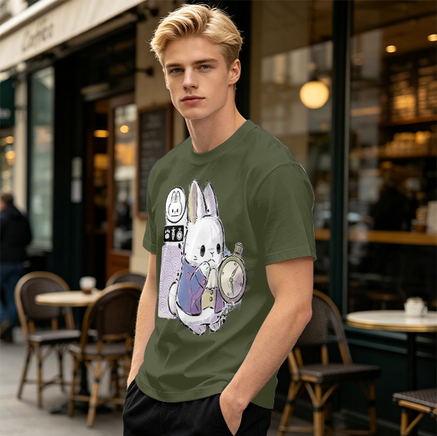 Olive T-Shirt With White Rabbit Holding Pocket Watch Print