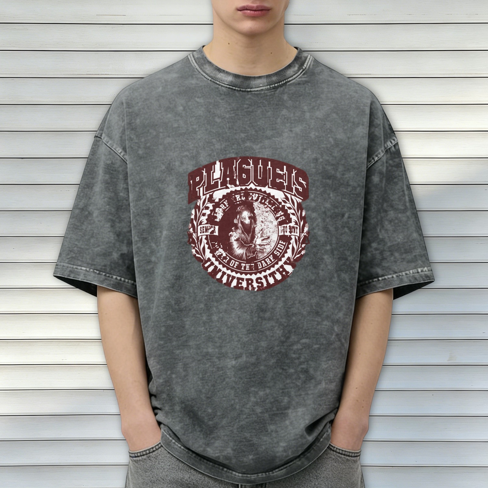 Washed black graphic t-shirt with plague doctor university emblem design