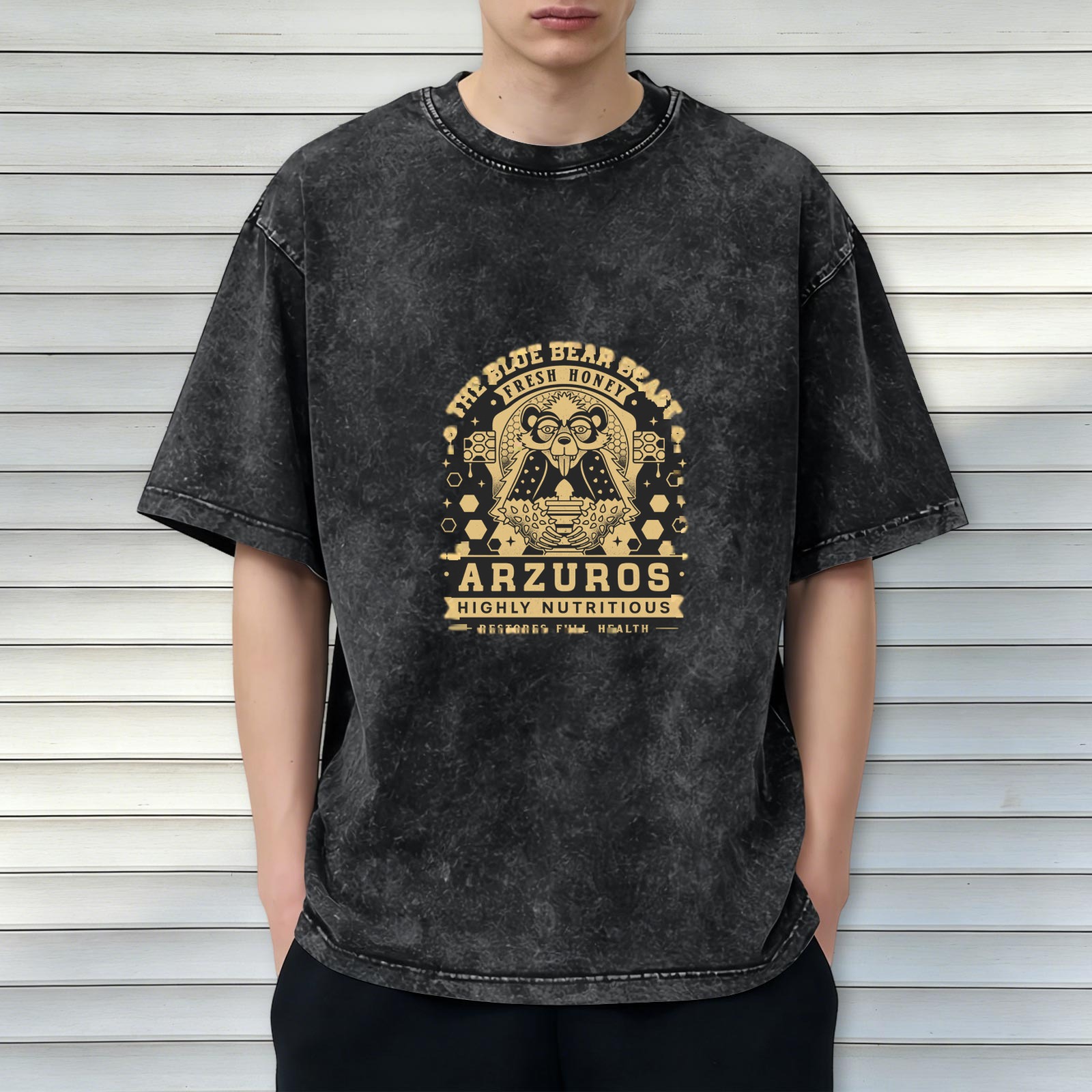 Washed Black Graphic Tee With Blue Bear Beast Honey Print