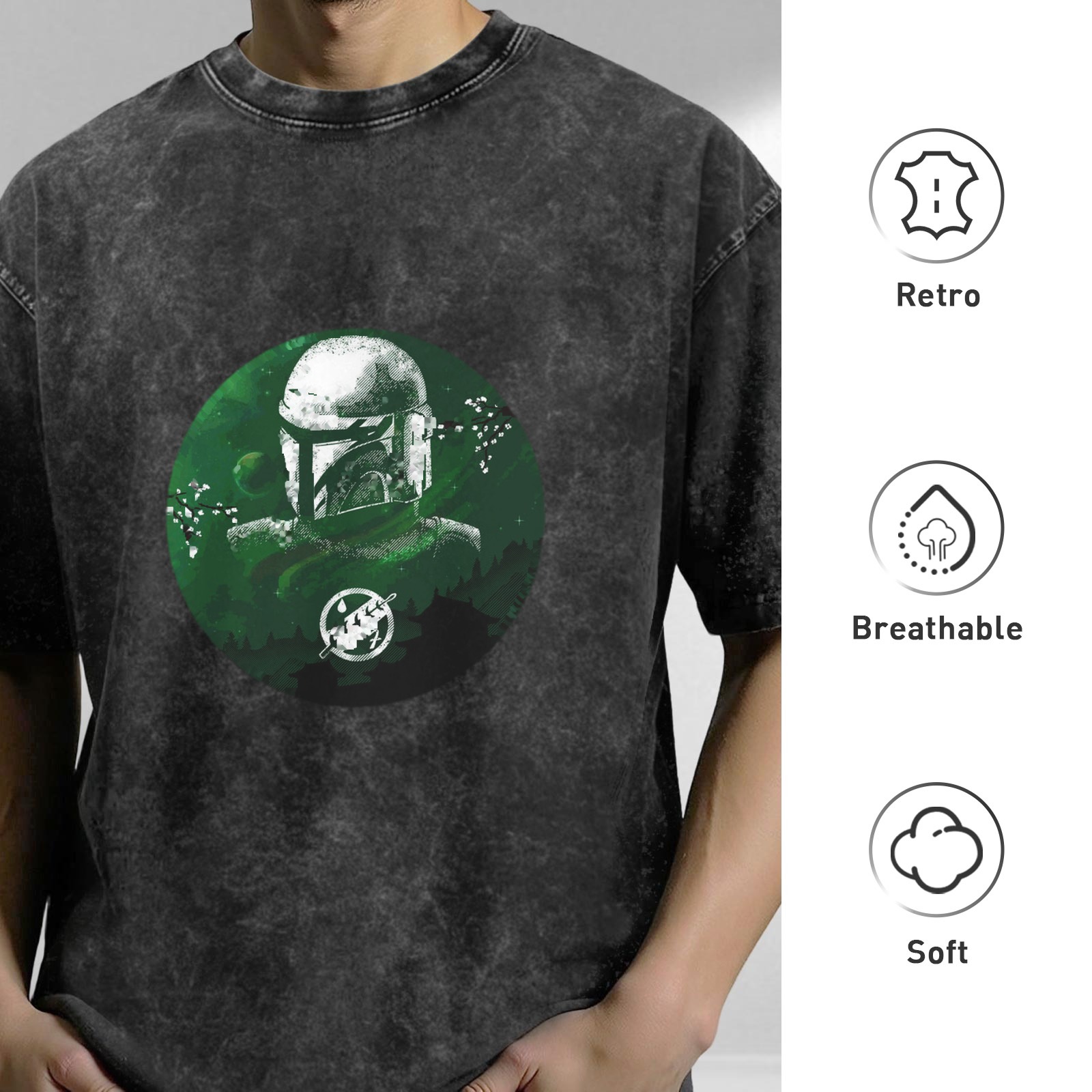 Distressed black short-sleeved T-shirt with Mandalorian theme print, loose style