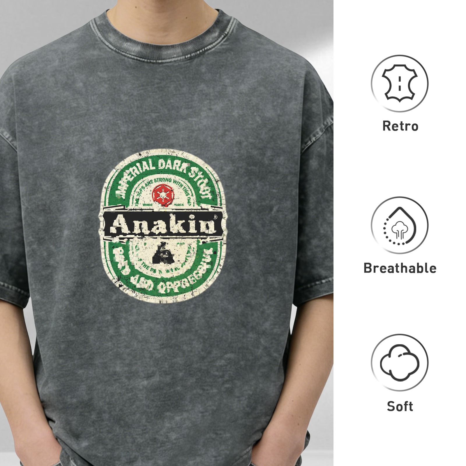 Distressed washed black Anakin themed printed short-sleeved T-shirt