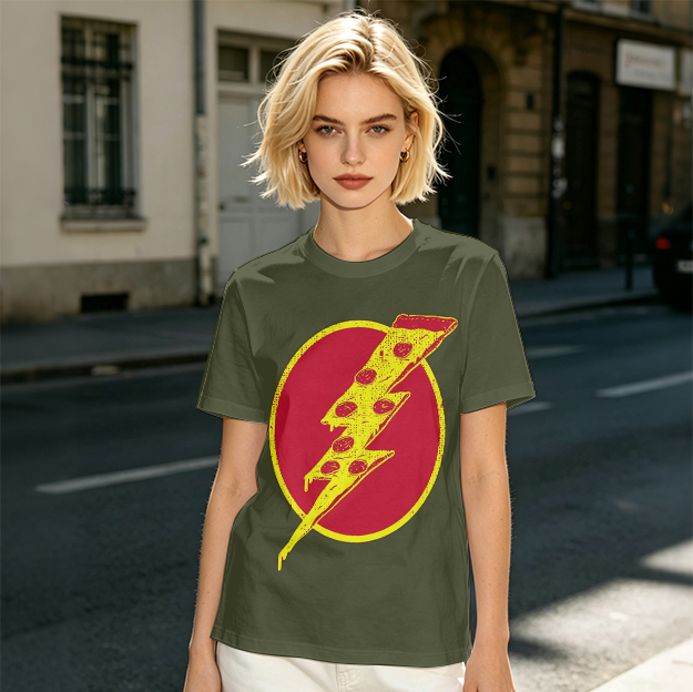 Olive T-Shirt With Pizza Lightning Bolt Graphic