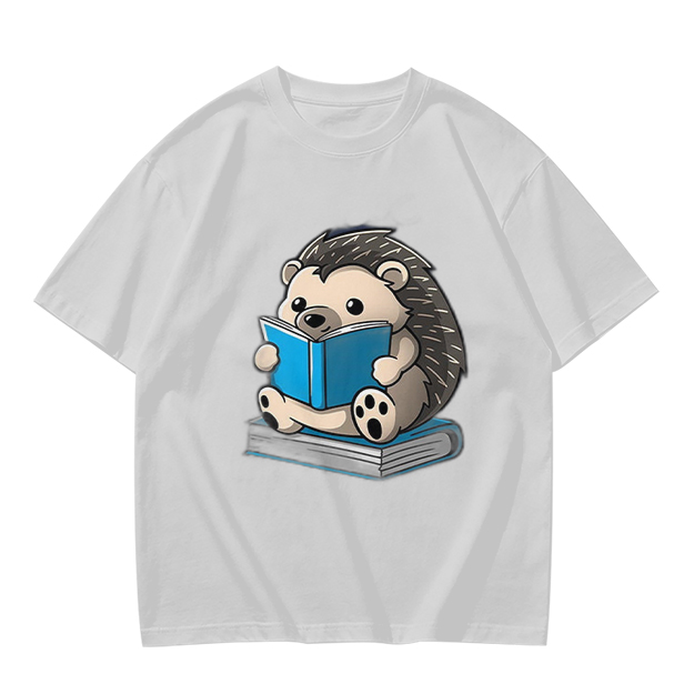 Olive T-shirt with Cute Hedgehog Reading a Book Graphic