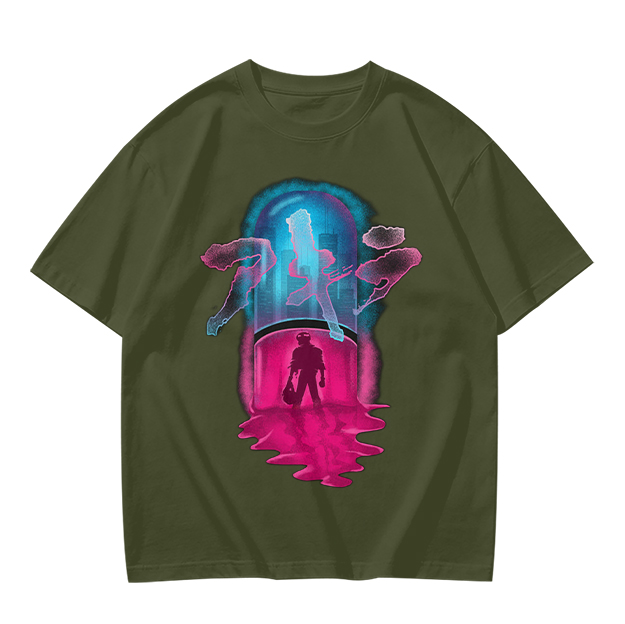 Olive T-Shirt With Neon Capsule Anime Inspired Graphic Print