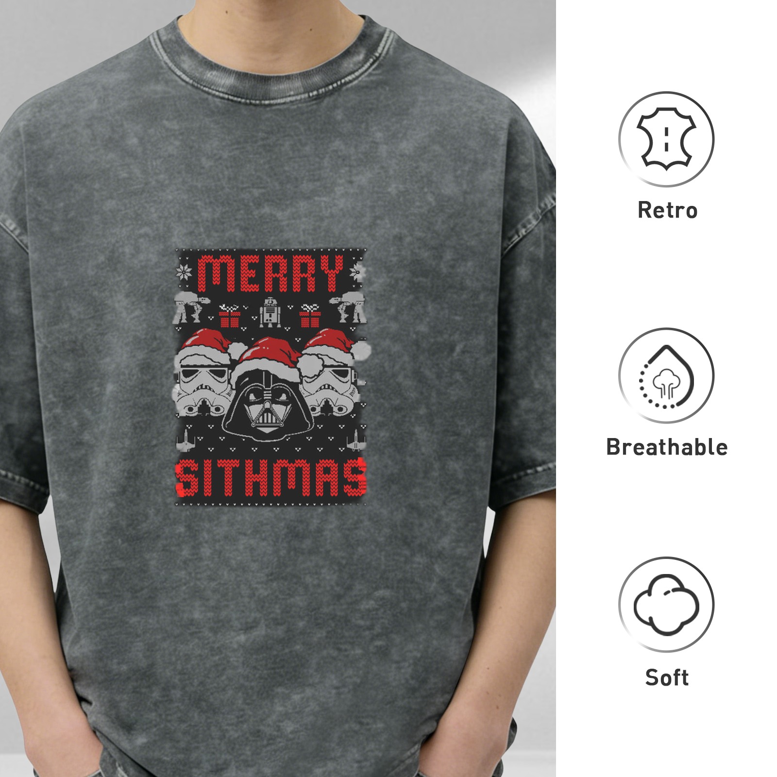 Star Wars Merry Sithmas Ugly Christmas Design Acid Wash Oversized T-Shirt