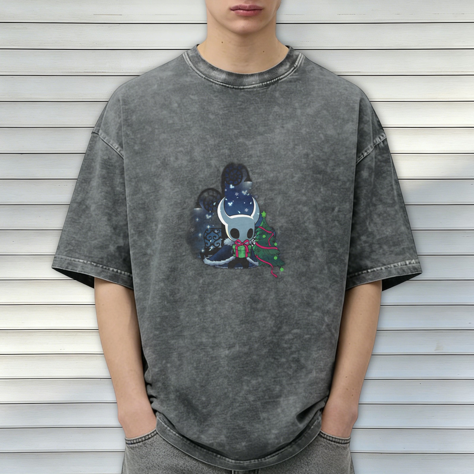 Hollow Knight Christmas Graphic Acid Wash Black T-Shirt