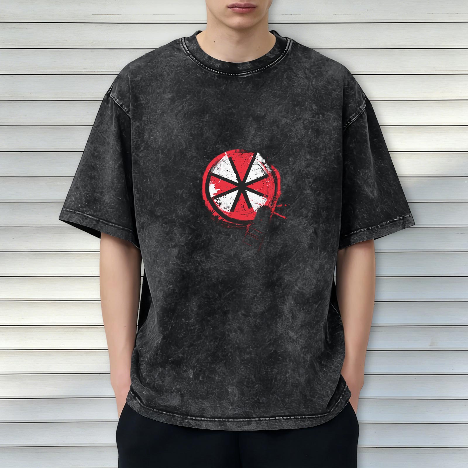 Oversized Acid Wash Black T-Shirt with Red White Circular Graphic