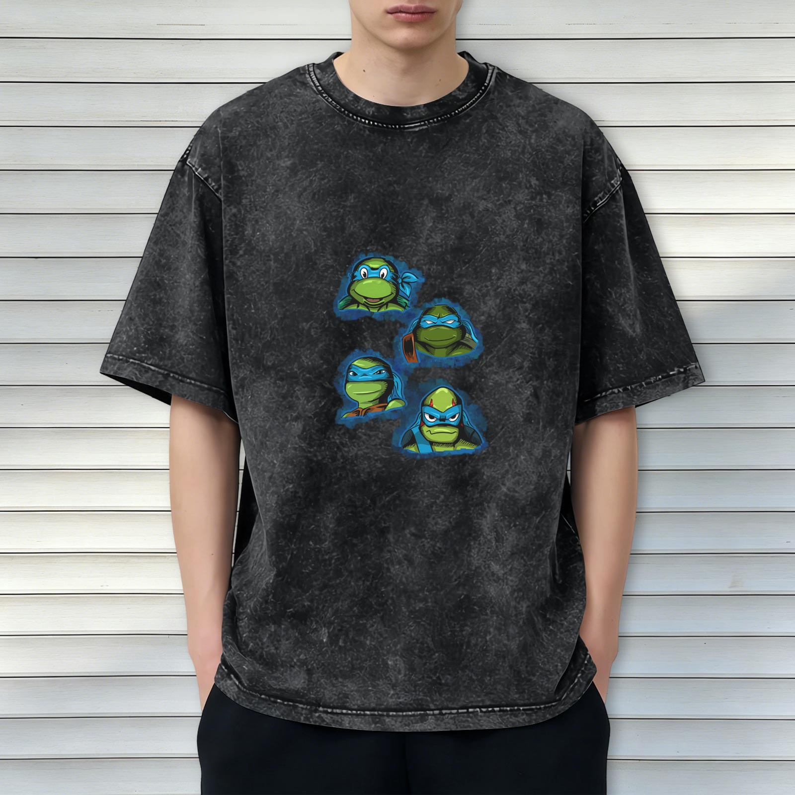 Washed Black T-Shirt With Four Leonardo Ninja Turtle Portraits