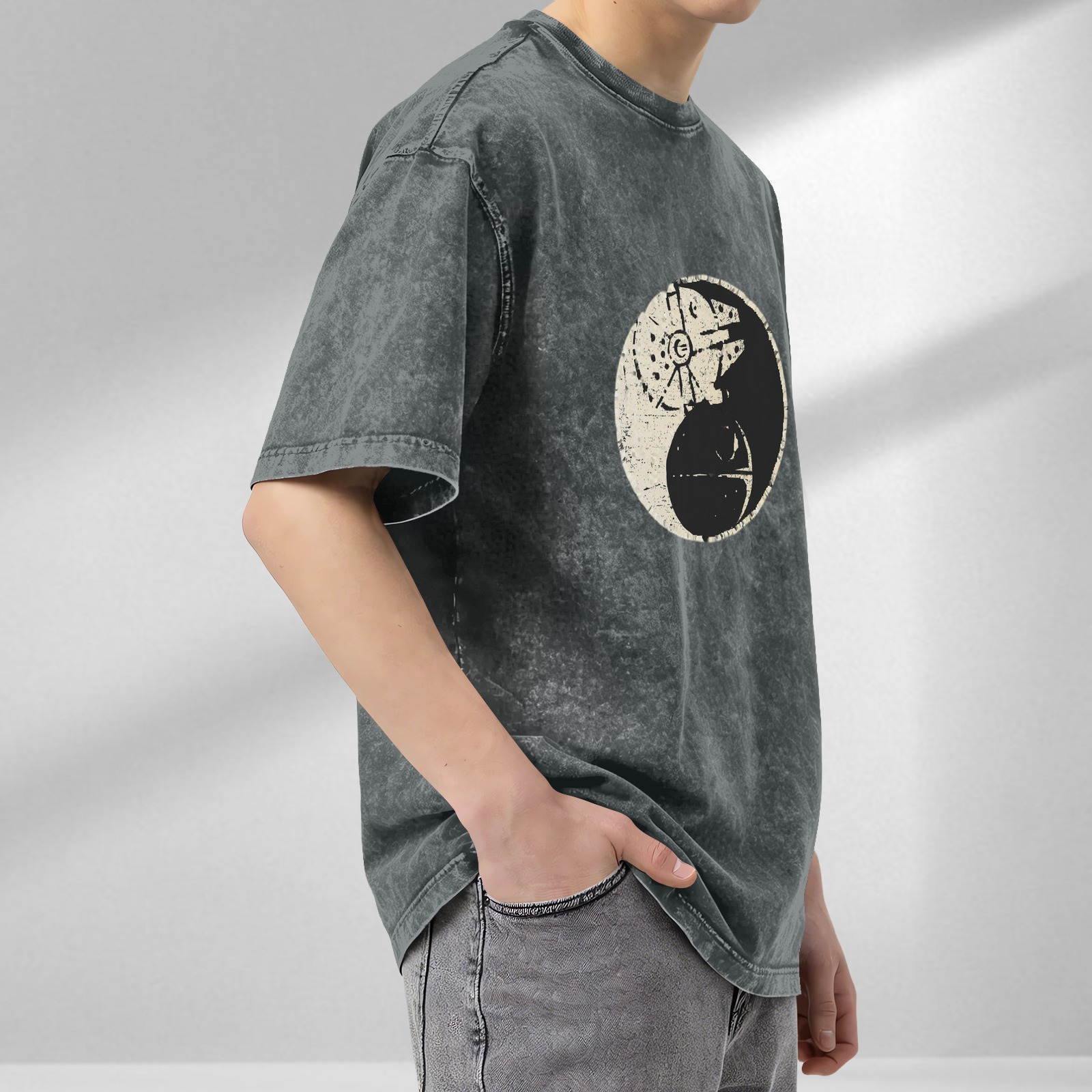 Star Wars Yin Yang Graphic Acid Wash T-Shirt, Oversized Short Sleeve Crew Neck Tee, Casual Streetwear Top